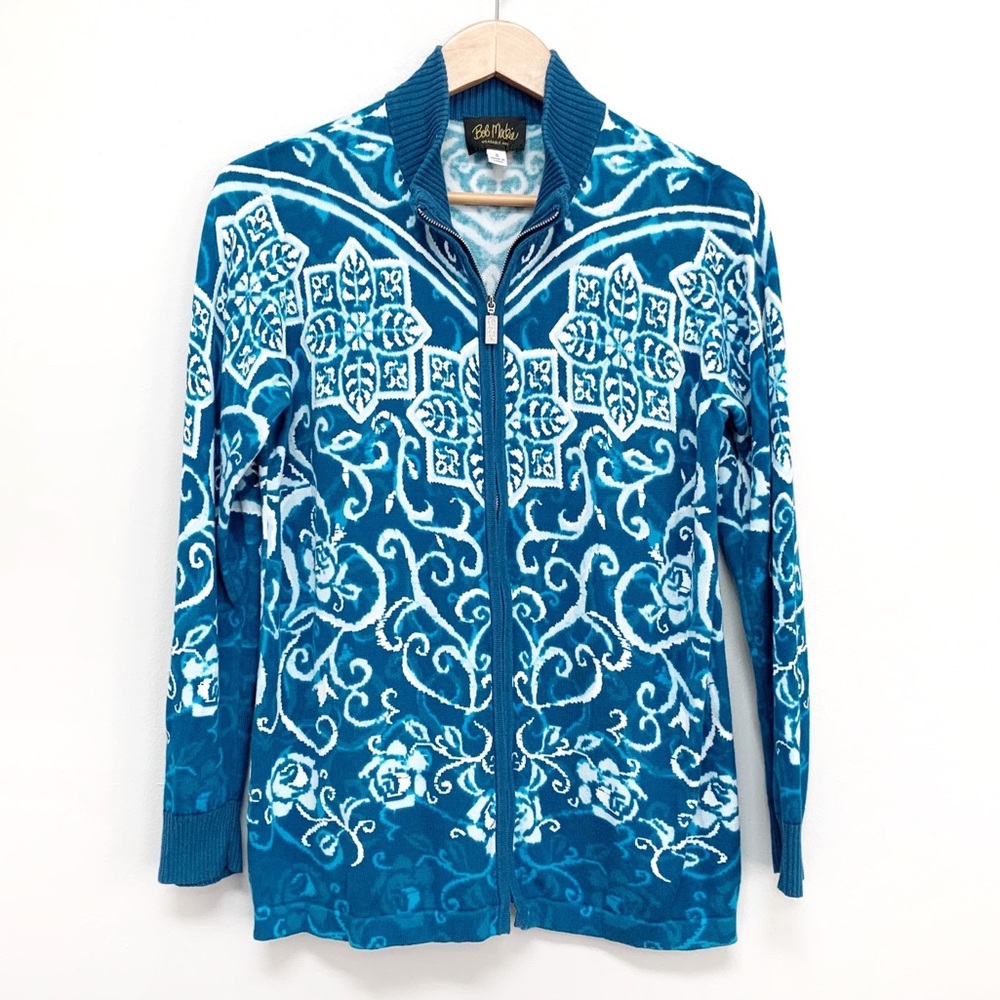 Bob Mackie Full Zip Patterned Knit Sweater Jacket Sz S